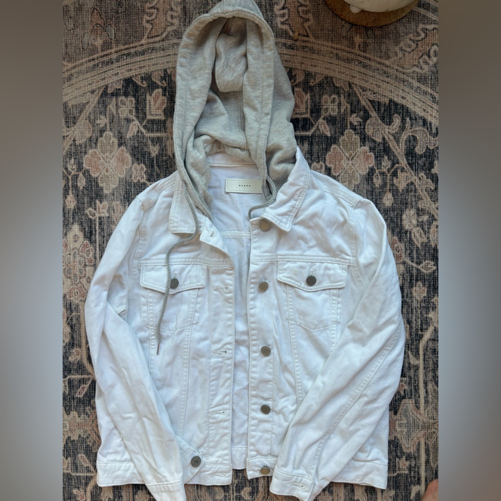 Blank NYC White Jean Jacket with Gray Hood